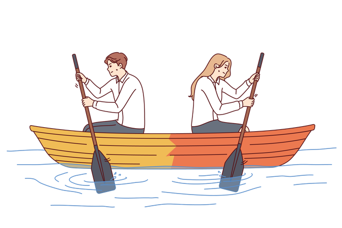 Couple rides boat in opposite direction  Illustration
