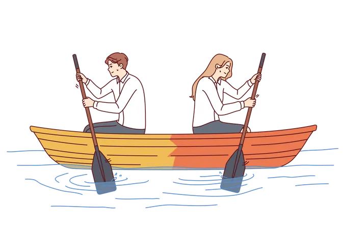 Disagreement In Team Company Sitting In Wooden Boat And Mushrooming With Oars In Different Directions Man And Woman Office Employees Experience Disagreements That Negatively Affect Business Processes Illustration