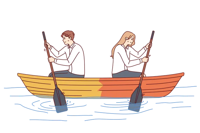 Couple rides boat in opposite direction  Illustration