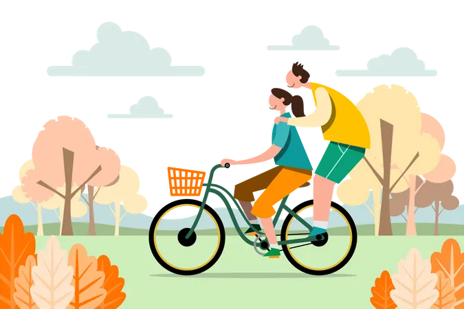 Couple riding bicycle at park  Illustration