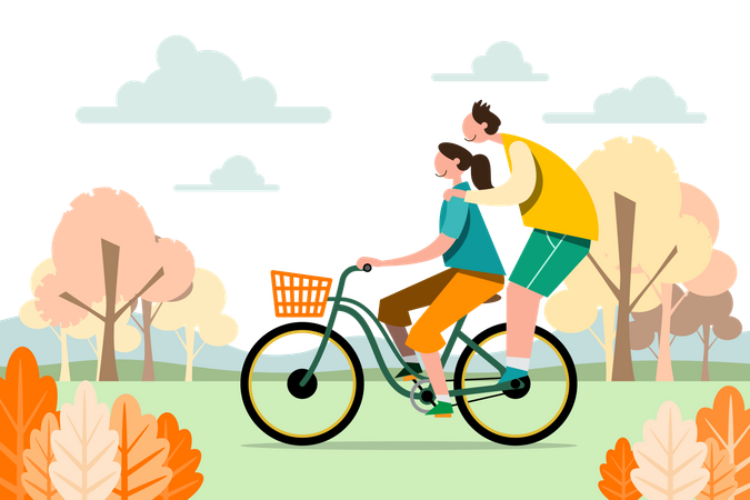 Couple riding bicycle at park  Illustration