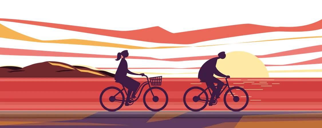 Two Happy Families Riding On Bicycles On The Beach And And Enjoy The Sunset Scenery Cartoon People Characters Flat Vector Illustration Design Illustration