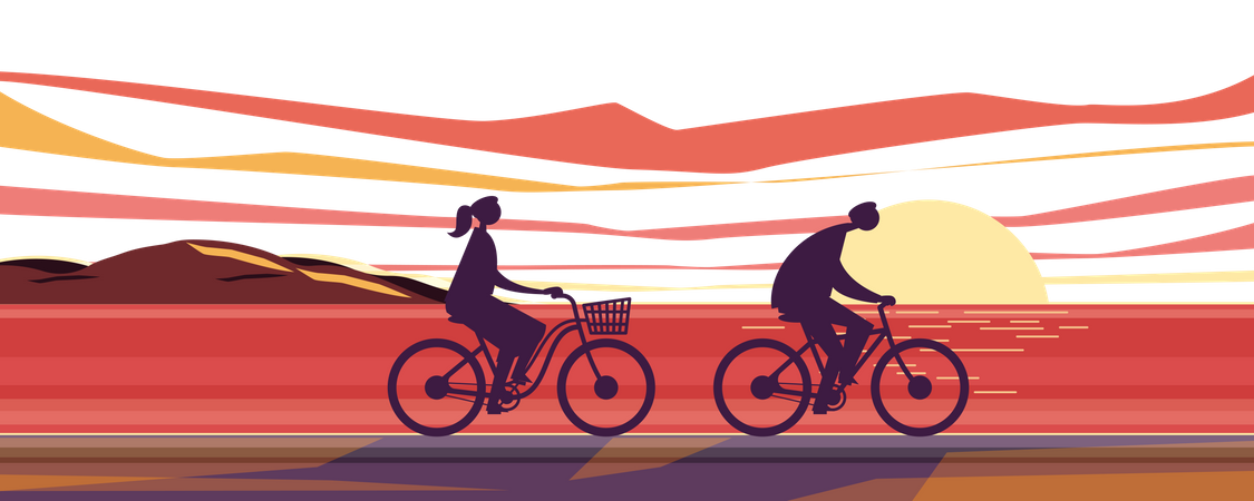 Couple riding bicycle during sunset  Illustration