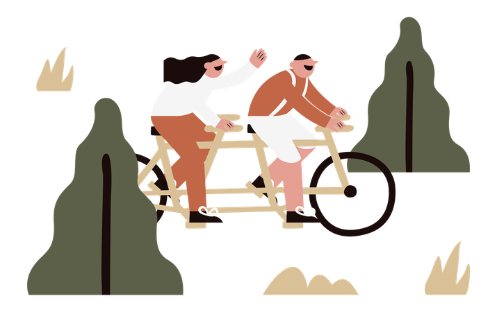 Couple riding bicycle together in park  イラスト