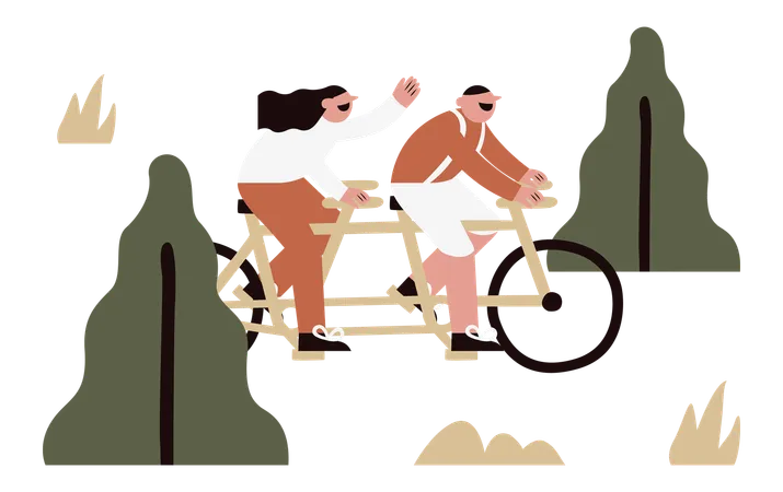 Couple riding bicycle together in park  Illustration