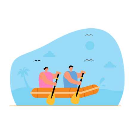 Couple riding boat at beach Illustration