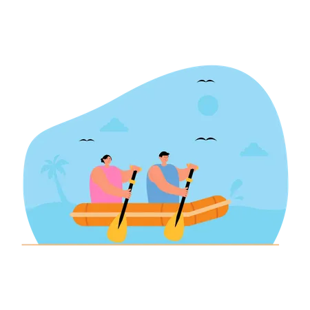 Couple riding boat at beach Illustration