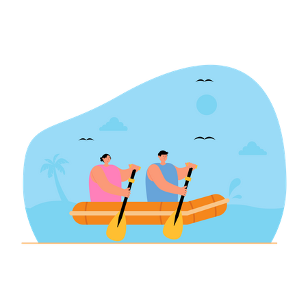 Couple riding boat at beach  Illustration