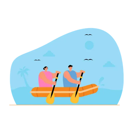 Couple riding boat at beach  Illustration