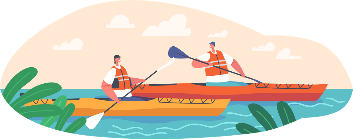 Couple riding canoe in wild river Illustration