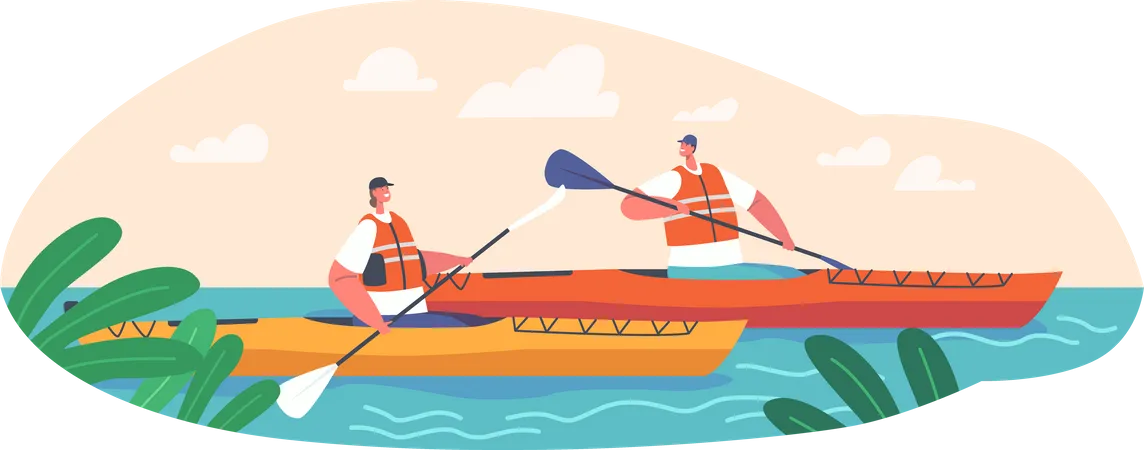 Couple riding canoe in wild river  Illustration