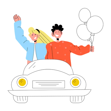 Couple Riding Car  Illustration