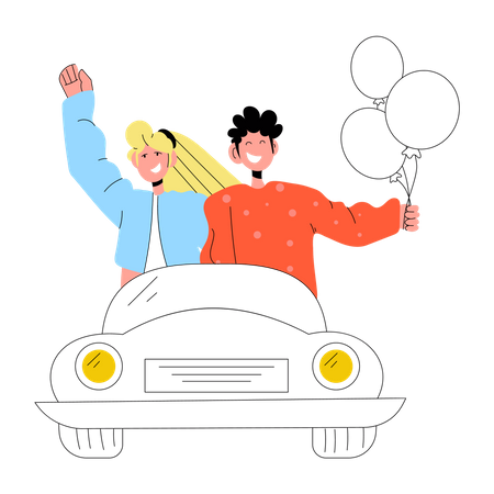 Couple Riding Car  Illustration