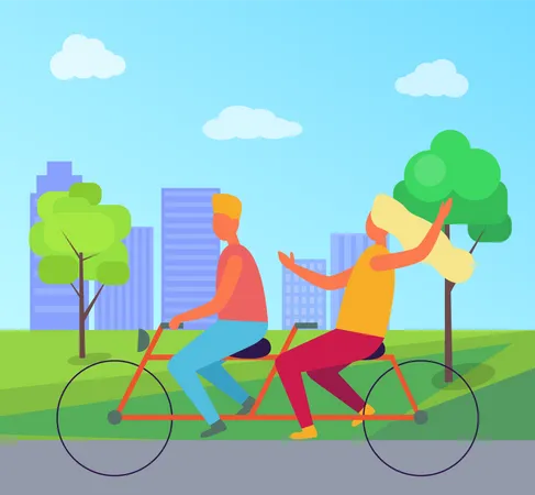 Happy Man And Woman Riding Double Bicycle In City Park Vector Illustration Of Summertime Town Park Alley With Two People On One Bike Illustration
