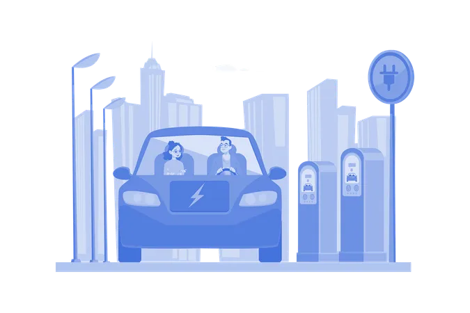 Couple Riding Electric Car Illustration Concept On A White Background Illustration