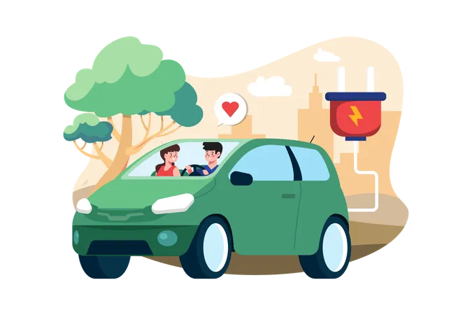 Couple Riding Electric Car  Illustration