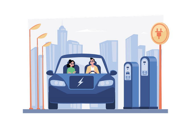 Couple Riding Electric Car  Illustration