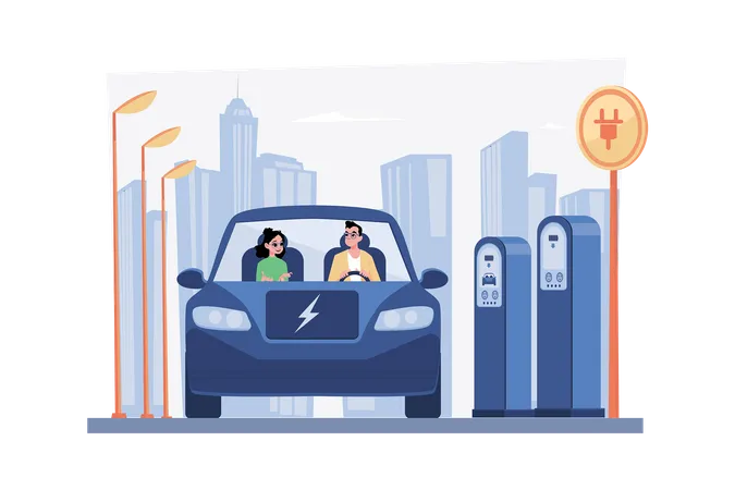 Couple Riding Electric Car  Illustration