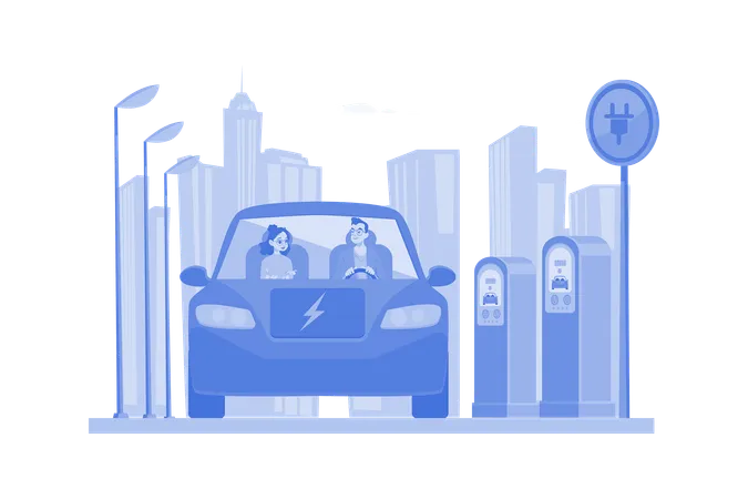 Couple Riding Electric Car  Illustration