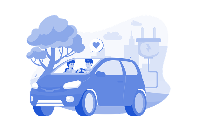 Couple Riding Electric Car  Illustration