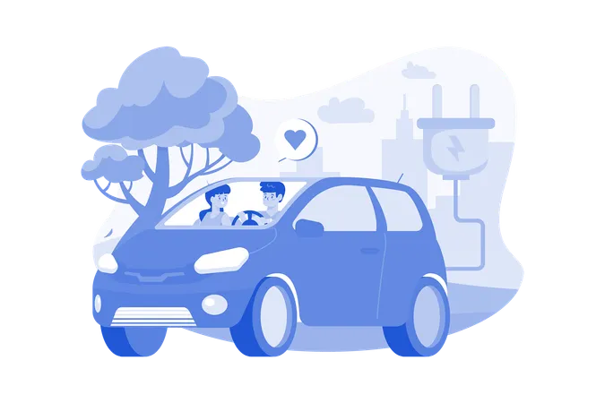 Couple Riding Electric Car  Illustration