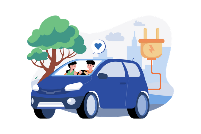 Couple Riding Electric Car  Illustration