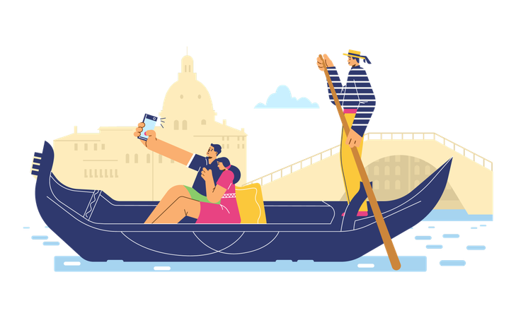 Couple riding gondola in Venice  Illustration