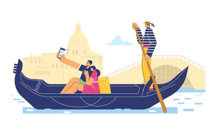 Couple riding gondola in Venice  Illustration
