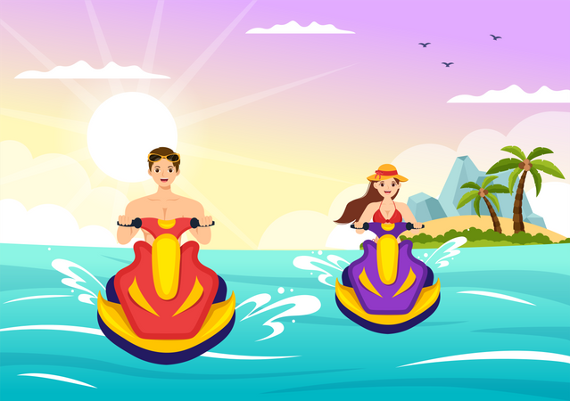 Couple riding jet ski together  Illustration