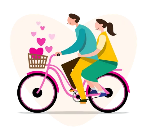 Cartoon People Characters Valentine Concept Two Happy Couple Riding On Bicycles In Park Flat Vector Illustration Design Illustration