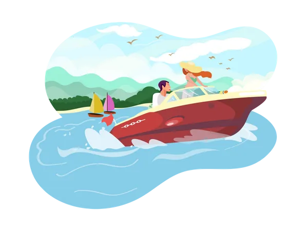Couple riding on boat Illustration