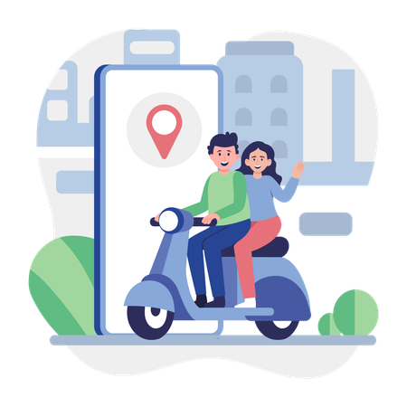 スクーターに乗って携帯電話で現在地を確認するカップル  イラスト