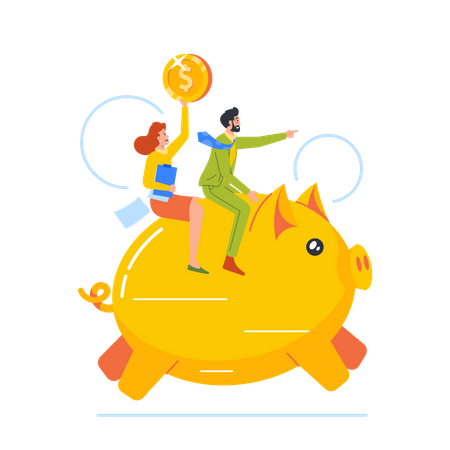 Couple Riding Piggy Bank Showing Direction And Holding Golden Coin  Illustration