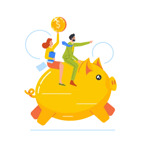 Couple Riding Piggy Bank Showing Direction And Holding Golden Coin  Illustration