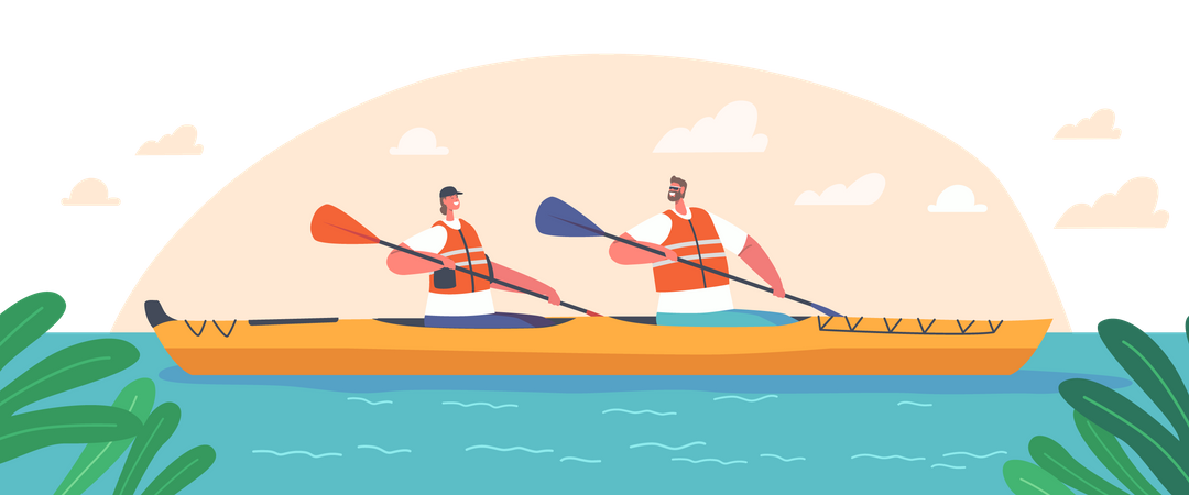 Couple riding raft on kayak boat Illustration