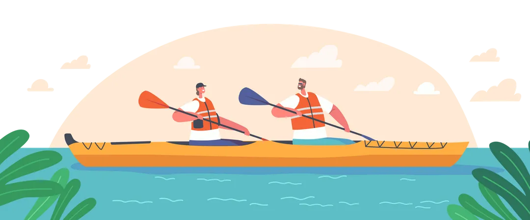 Couple riding raft on kayak boat  Illustration