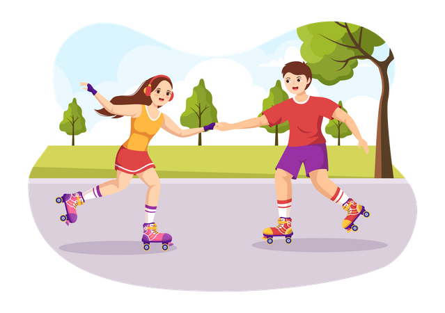 Couple Riding Roller Skates At Outdoor  Illustration
