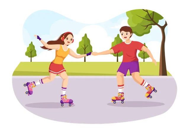 People Riding Roller Skates In City Park For Outdoor Activity Sports Recreation Or Weekend Recreation In Cartoon Hand Drawn Template Illustration Illustration