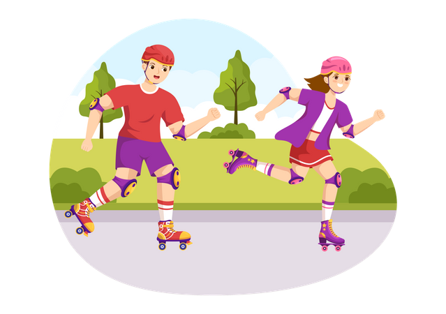 Couple Riding Roller Skates At Park  Illustration