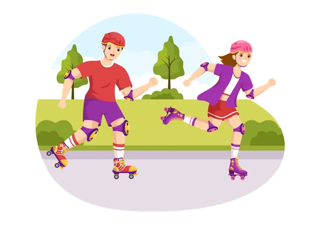 Couple Riding Roller Skates At Park  Illustration