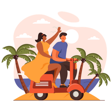 Couple riding scooter Illustration