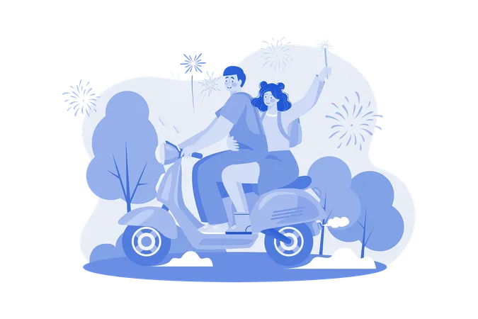 Couple Riding Scooter On New Year  イラスト