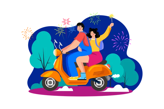 Couple Riding Scooter On New Year  Illustration