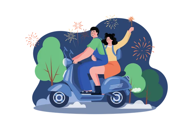 Couple Riding Scooter On New Year  Illustration