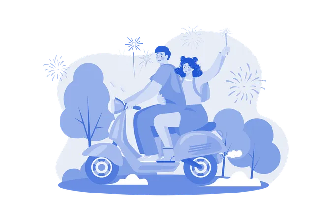 Couple Riding Scooter On New Year  Illustration