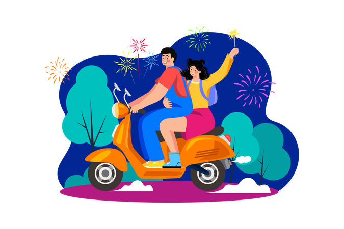 Couple Riding Scooter On New Year  Illustration