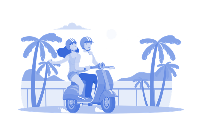 Couple Riding The Scooter  Illustration