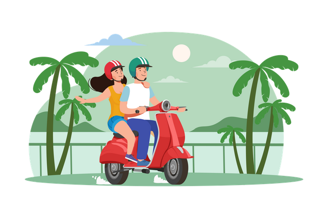 Couple Riding The Scooter Illustration