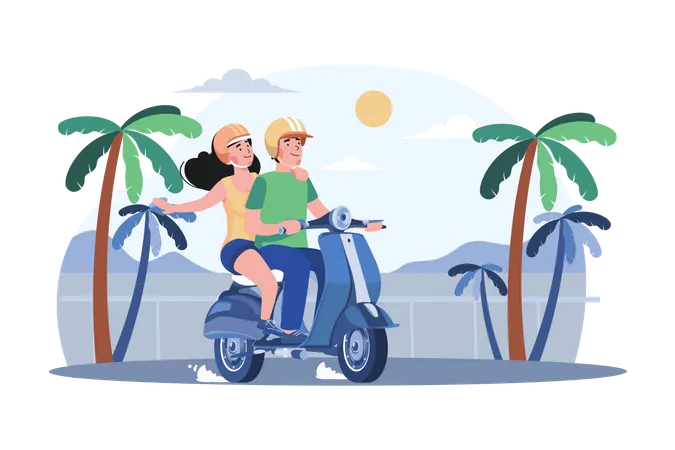 Couple Riding The Scooter Illustration