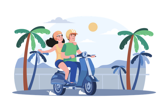 Couple Riding The Scooter  Illustration